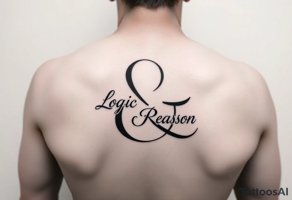 A blackwork tattoo featuring a highly stylized ampersand (&) as the focal point. The words 'Logic' and 'Reason' are subtly integrated within the curves of the ampersand, using a modern serif font. The design is minimalist but bold, with clean lines and high contrast. Legibility of the words is key, and the ampersand should feel artistic and symbolic—representing balance, intellect, and clarity. Suitable for a forearm or upper arm tattoo. tattoo idea