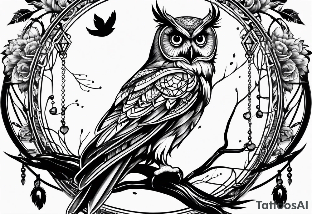 Owl and dreamcatcher back of calf idea tattoo idea