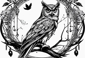 Owl and dreamcatcher back of calf idea tattoo idea