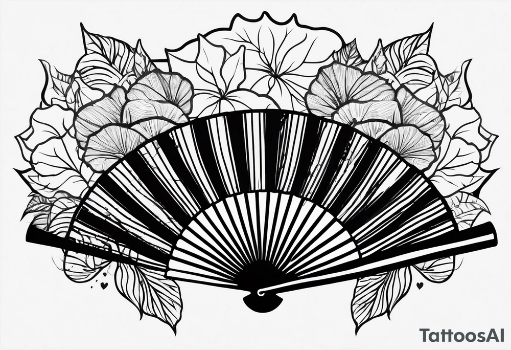 Japanese fan mostly black with basic leaves around it tattoo idea