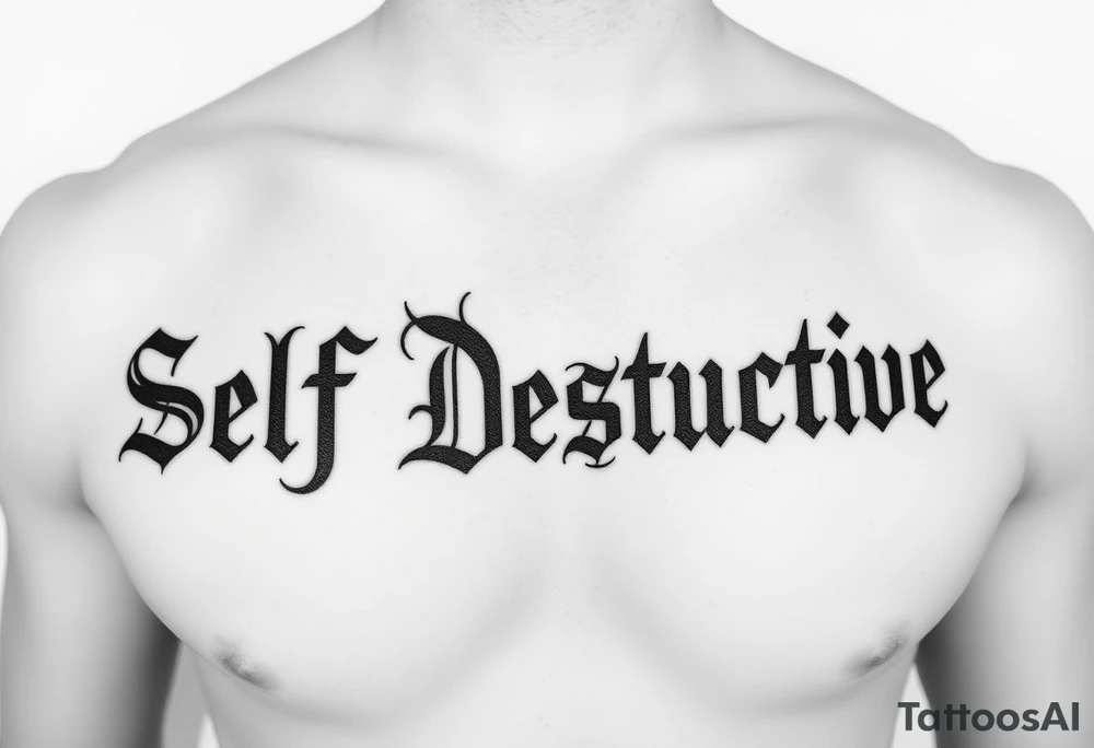 Outline of the words Self Destructive in a bold and thick gothic black letter font lettering across the chest tattoo idea