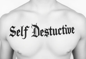 Outline of the words Self Destructive in a bold and thick gothic black letter font lettering across the chest tattoo idea