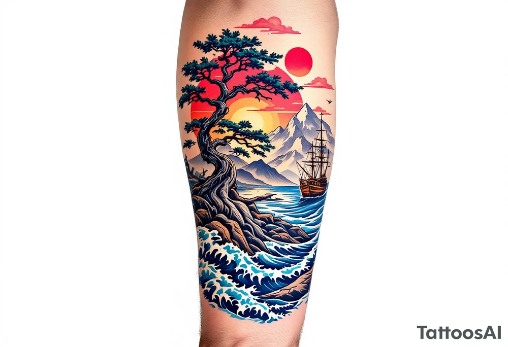 a forearm tattoo that has an acacia tree with mountains, ocean with a ship wreck tattoo idea