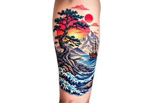 a forearm tattoo that has an acacia tree with mountains, ocean with a ship wreck tattoo idea