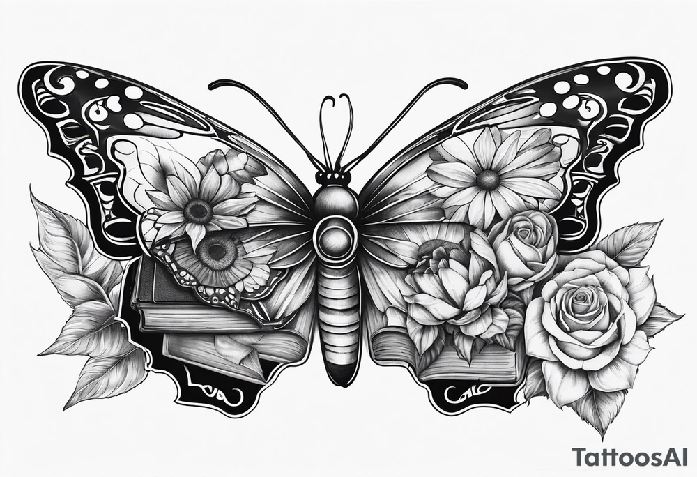 Butterfly, sunflower, camera, book, flower rose tattoo idea Butterfly, sunflower, camera, book, flower rose tattoo idea