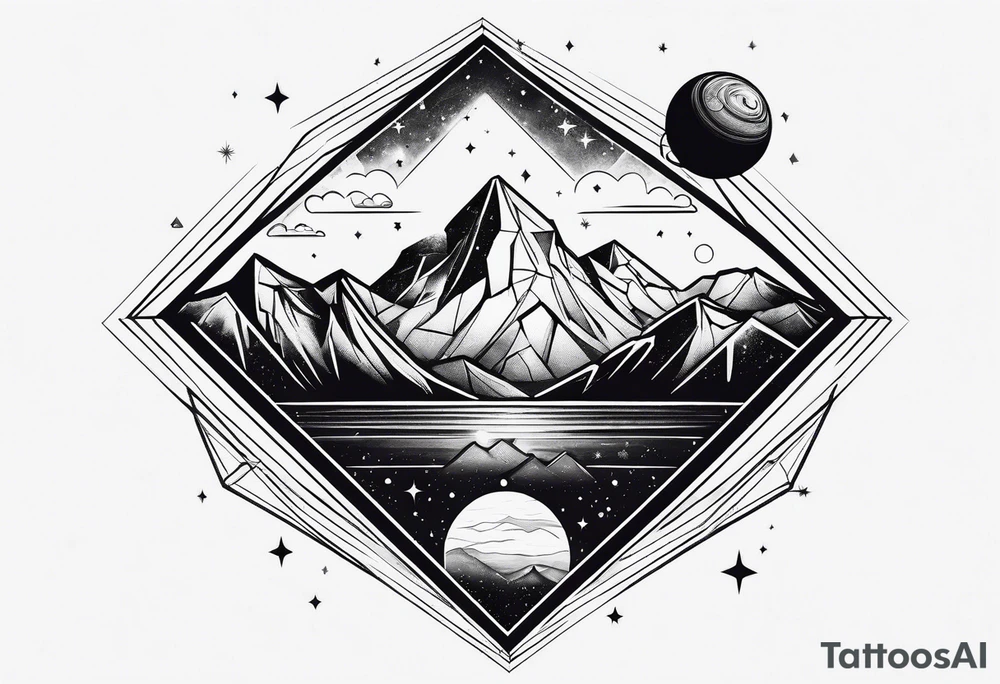 Mountains in a diamond with planets and stars in the background outside the shape tattoo idea