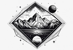 Mountains in a diamond with planets and stars in the background outside the shape tattoo idea