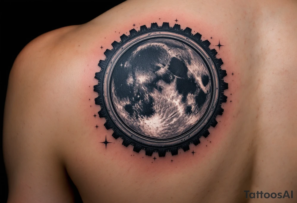 A bike tire forming the moon, with a dark background and the moon in shades of silver and white, with small twinkling stars scattered around. tattoo idea