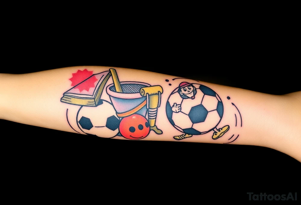 Childhood memories of a book, a bucket and spade, a football, a cricket bat, a cartoon of Dennis the Menace from the Beano comic, and the American Idiot symbol tattoo idea