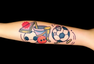 Childhood memories of a book, a bucket and spade, a football, a cricket bat, a cartoon of Dennis the Menace from the Beano comic, and the American Idiot symbol tattoo idea