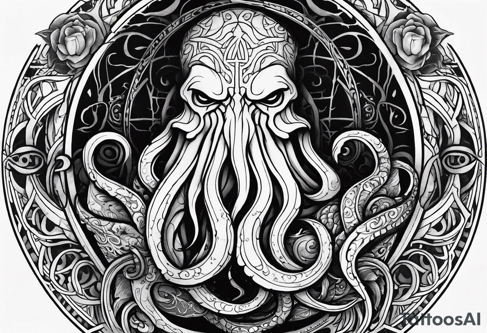 Inner forearm tattoo rapresenting cthulhu and the author howard philips lovecraft, with cthulhu's sigil in the bacground tattoo idea