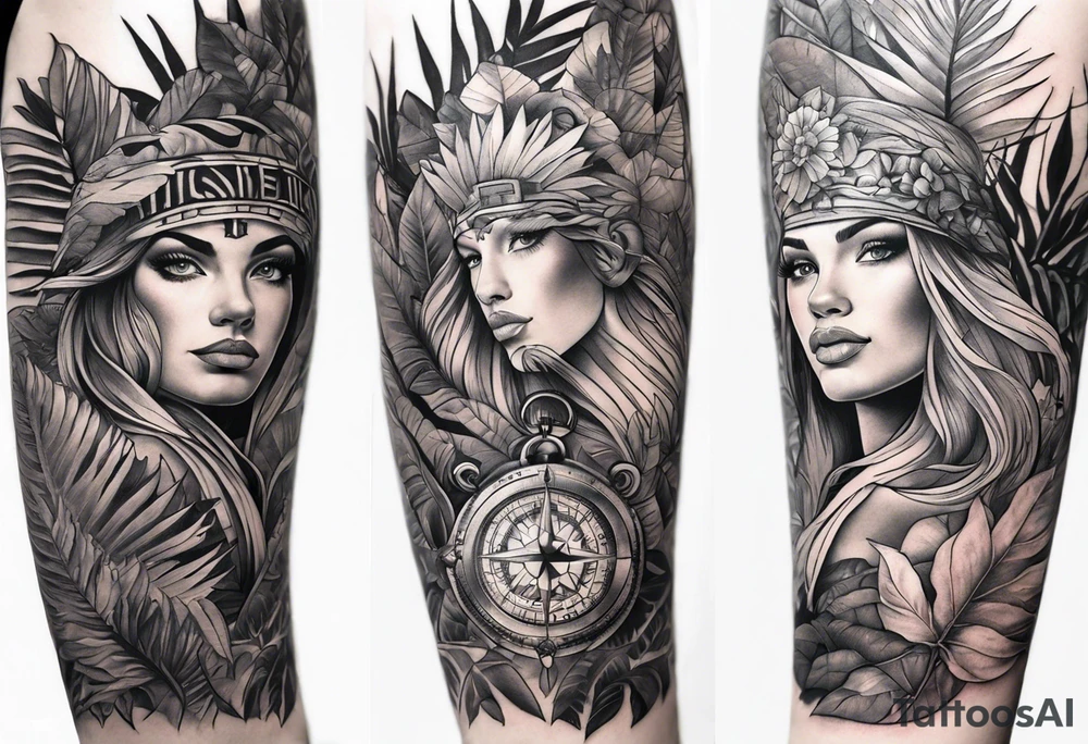 full arm sleeve tattoo with jungle plants, compass, eye tattoo idea full arm sleeve tattoo with jungle plants, compass, eye tattoo idea