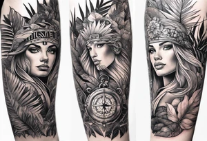 full arm sleeve tattoo with jungle plants, compass, eye tattoo idea