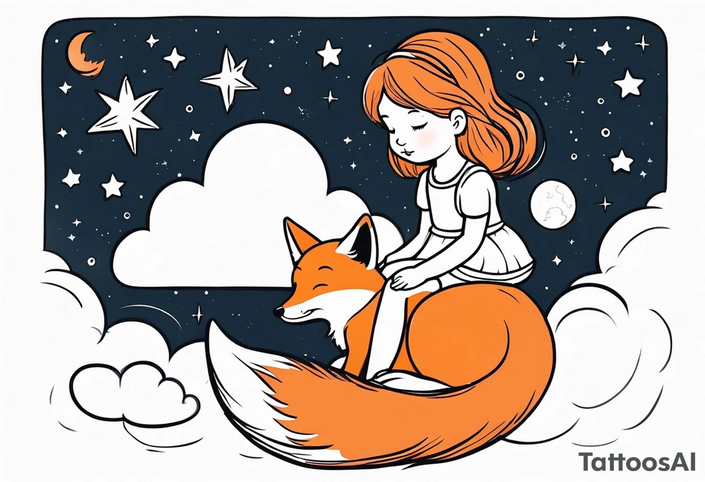 little girl with a fox sit on a cloud and look at the stars tattoo idea