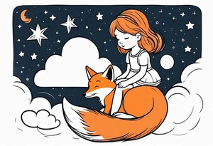 little girl with a fox sit on  a cloud and look at the stars tattoo idea