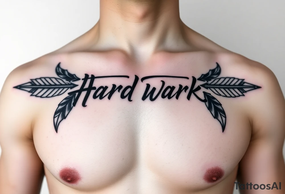 chest tattoo with japanese writing of hard work combined with bow and arrow tattoo idea