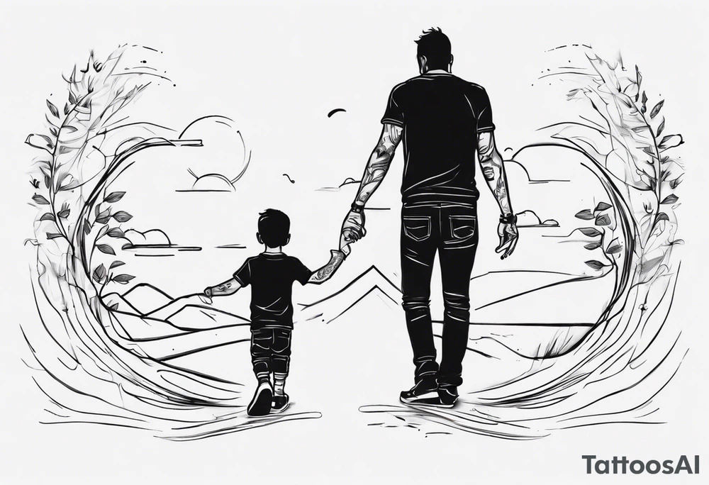 dad and son walks away line drawing tattoo idea
