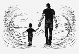 dad and son walks away line drawing tattoo idea