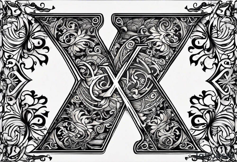 I need a tattoo design that only includes the letters X and I, with a dark and gothic style. tattoo idea