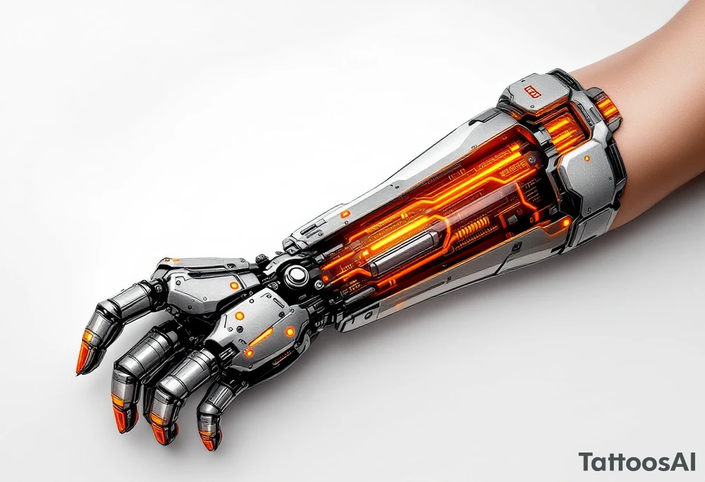 A high-tech cybernetic arm with transparent panels revealing glowing orange hydraulic lines and microchips embedded in titanium bones. tattoo idea