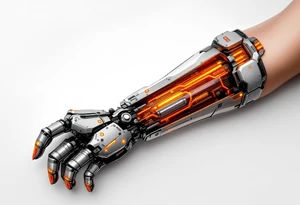 A high-tech cybernetic arm with transparent panels revealing glowing orange hydraulic lines and microchips embedded in titanium bones. tattoo idea