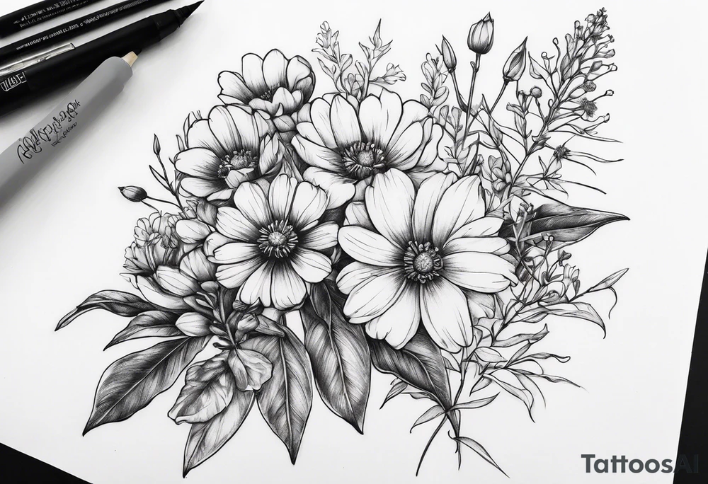small long stem wildflower bouquet across fott tattoo idea