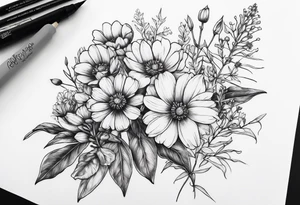 small long stem wildflower bouquet across fott tattoo idea