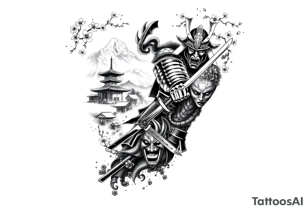 Design an all-black full arm sleeve tattoo featuring a Japanese samurai in full armor with a katana, positioned dynamically. Surrounding the samurai are flowing cherry blossoms, a misty mountain range, and traditional Japanese structures like a pagoda. On the inner forearm, include a detailed Oni mask with sharp features and exaggerated shading. Use dark, dense black ink to create depth, with smooth transitions between the elements, blending the samurai, blossoms, mask, and mountains into a cohesive, flowing design tattoo idea