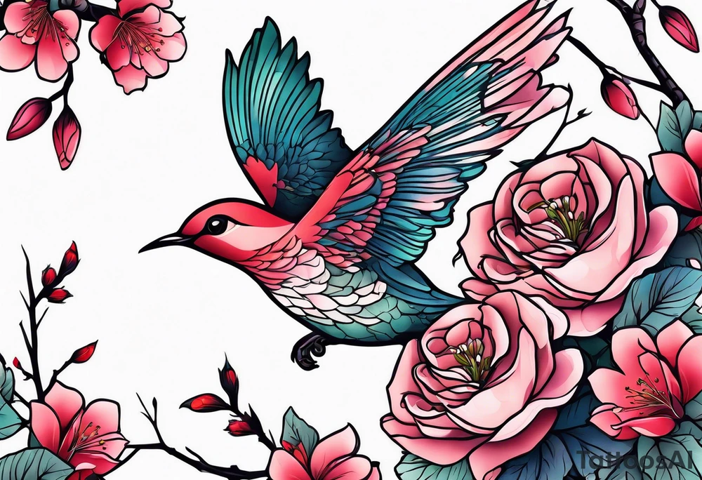 Japanese cherry blossom with birds, butterflies and rose tattoo idea