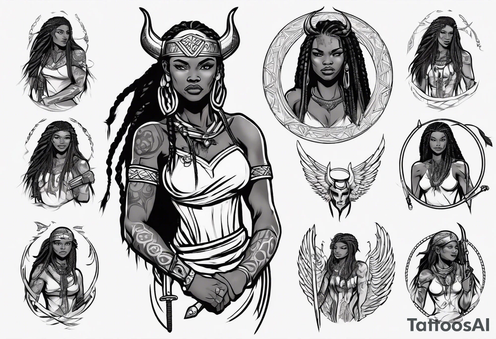 African female Viking valkyre angel smiling full body 
slim long face small mouth long braided hair holding sword tattoo idea