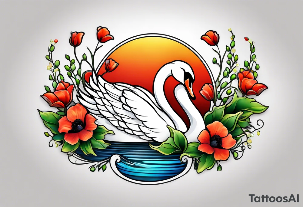 Colorful swan tattoo with poppies, Lily of the valley, sweet pea flower, honeysuckle tattoo idea