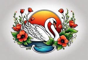 Colorful swan tattoo with poppies, Lily of the valley, sweet pea flower, honeysuckle tattoo idea