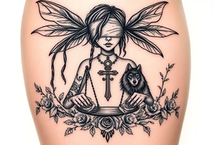 Black Sylph with dreads wearing blind fold and ankh cross pendant with tattoos holding weighing scales with the rose vines surrounding and grey wolf tattoo idea