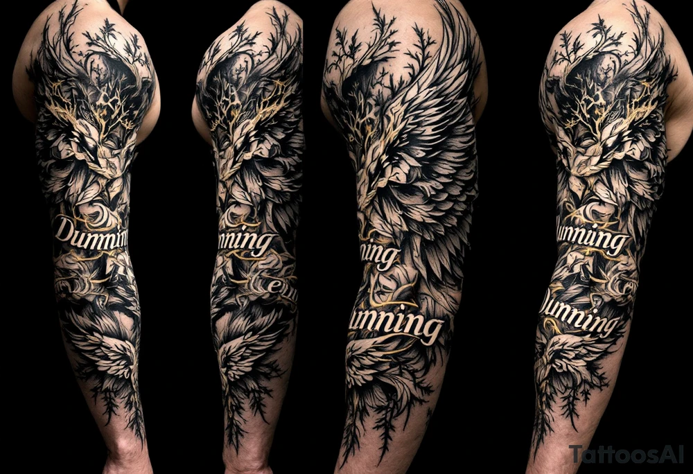 Dunning, details include bold strong font, gold highlights, theme of wealth and angel wings, Trees tattoo idea