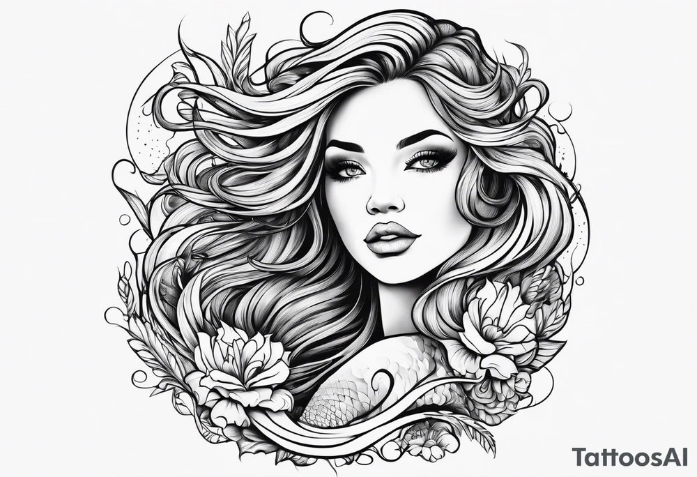 Wildly flowing mermaid hand in her hair tattoo idea