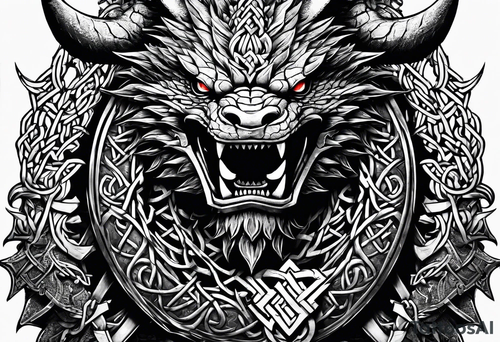 Valhalla sword shield dragon axe Valknut barbed wire chains fire tattoo idea