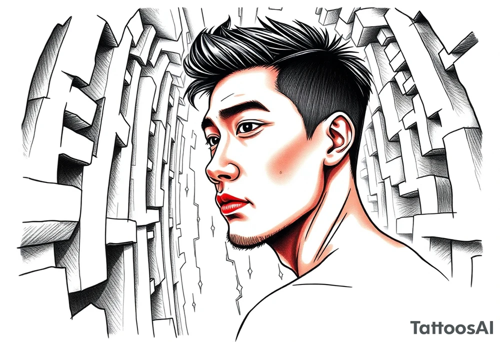 Handsome Asian young guy lost in a scary labyrinth tattoo idea