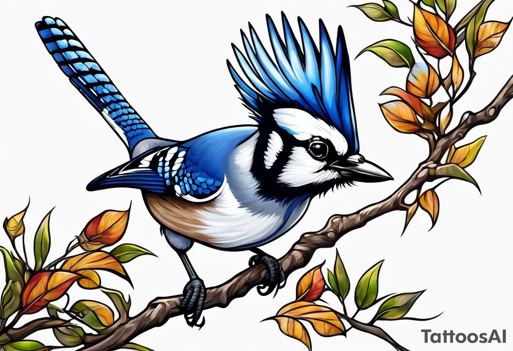 Strong blue jay bird in flight downward tattoo idea