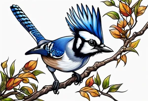 Strong blue jay bird in flight downward tattoo idea