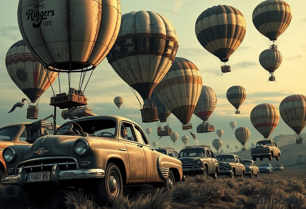 in a very steam punk vibe i want you to make a picture of a bunch of old beat up cars with people lounging in them and garbage and junk all up in and on them, tied to hot air balloons floating in the sky right about dusk and they are as far as the eye can see i want the cars to be floating as if they were the basket to the hot air balloons and the hot air balloons are all different colors and patterns and some are old and patched and i dont want to see the ground at all  i want this to be a scene that is up in the sky with them all floating under the balloons like it is in a dream and every single balloon in the picture is attached to a different old car, and some of the cars you can see people kicked back with thier feet out the window and stuff on the dash of the car, and some with people hanging an arm out hte window some have cigarrette smoke coming out the window, and the balloons all are different but every single car is floating high in the sky tattoo idea