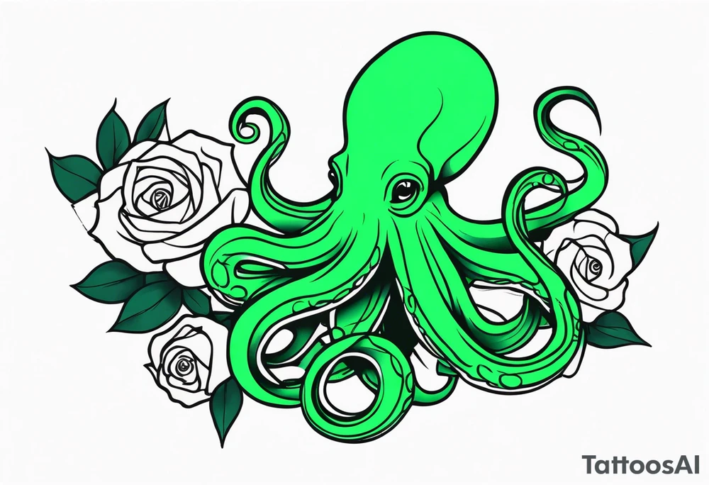 Electric octopus peaceful green roses tattoo idea