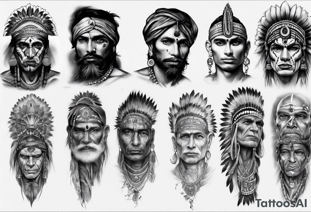 indian theme man face realistic leg sleeve tattoo idea