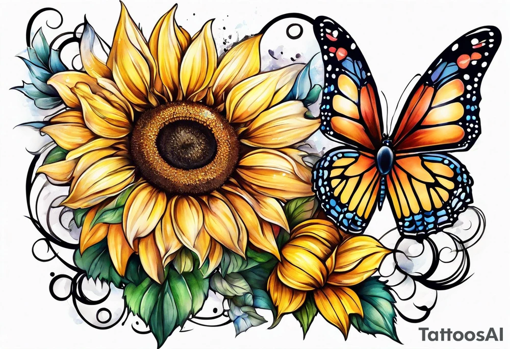 Sleeve with angel wings, sunflower and butterfly tattoo idea
