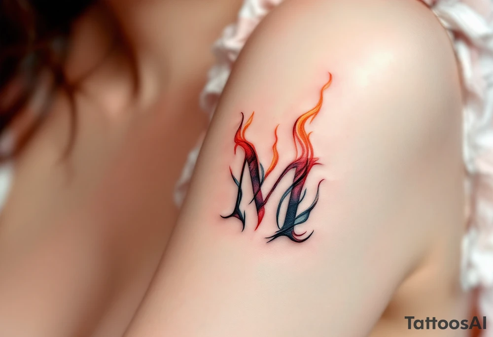 A flame-tipped "M" in gradient red to black, suggesting intensity and strength. tattoo idea