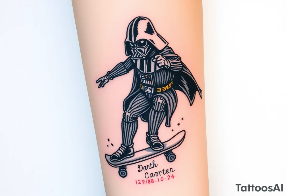 Darth Vader skateboarding > bullets > in loving memory > colors
add words "Darth Carter" to skateboard
add date 12/29/88-01/06/24 tattoo idea
