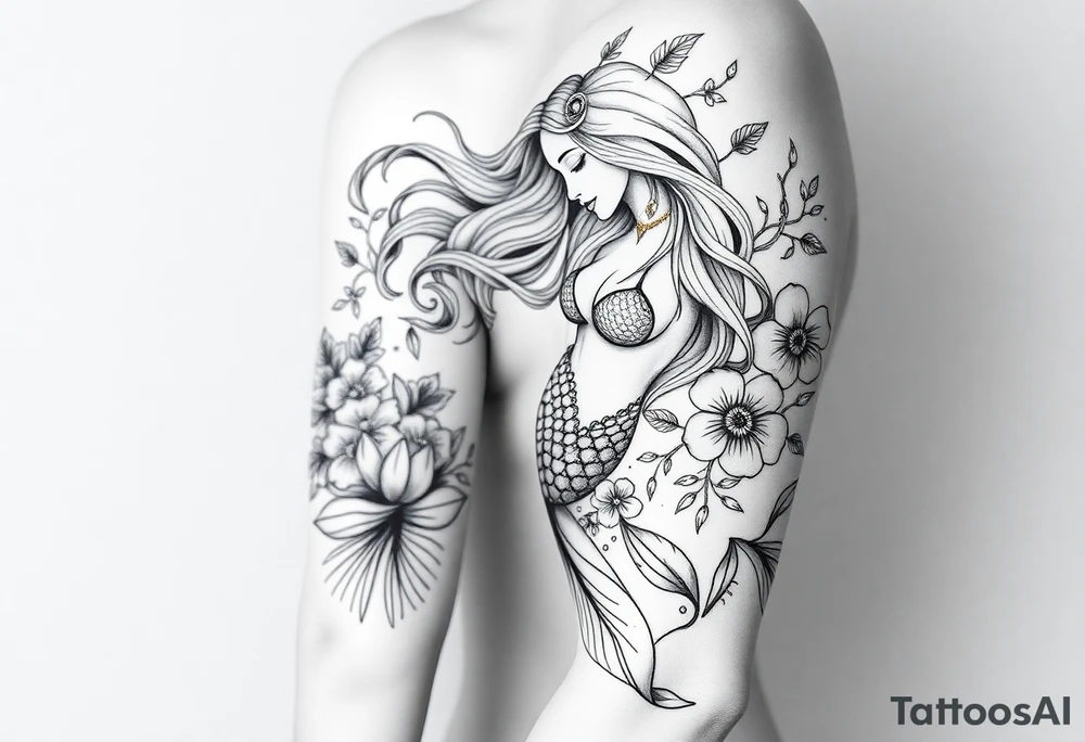 ethereal mermaid with flowing hair among coral and sea flowers tattoo idea