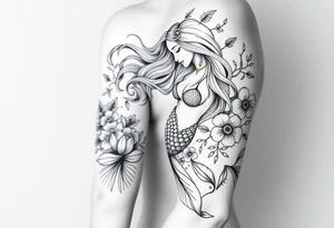 ethereal mermaid with flowing hair among coral and sea flowers tattoo idea