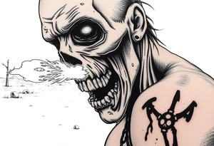 Close-up zombie face, shotgun fire erupting, desolate wasteland background. tattoo idea