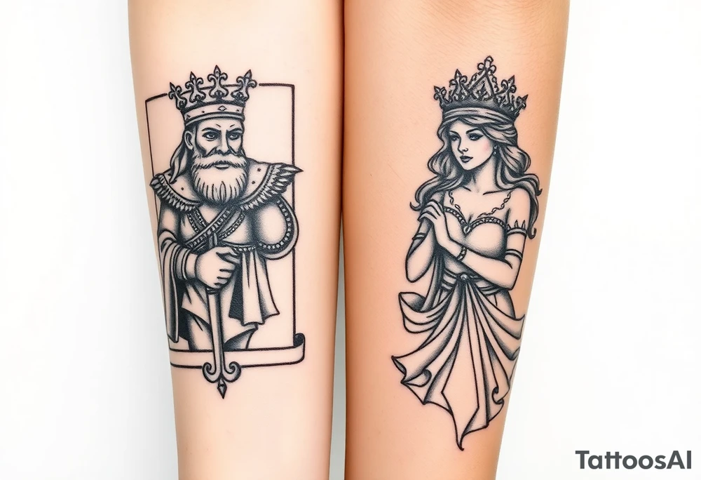King's card as an old warrior and queen's card as a beautiful woman, more realistic tattoo idea