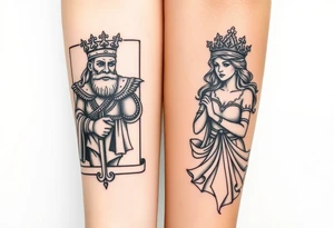 King's card as an old warrior and queen's card as a beautiful woman, more realistic tattoo idea